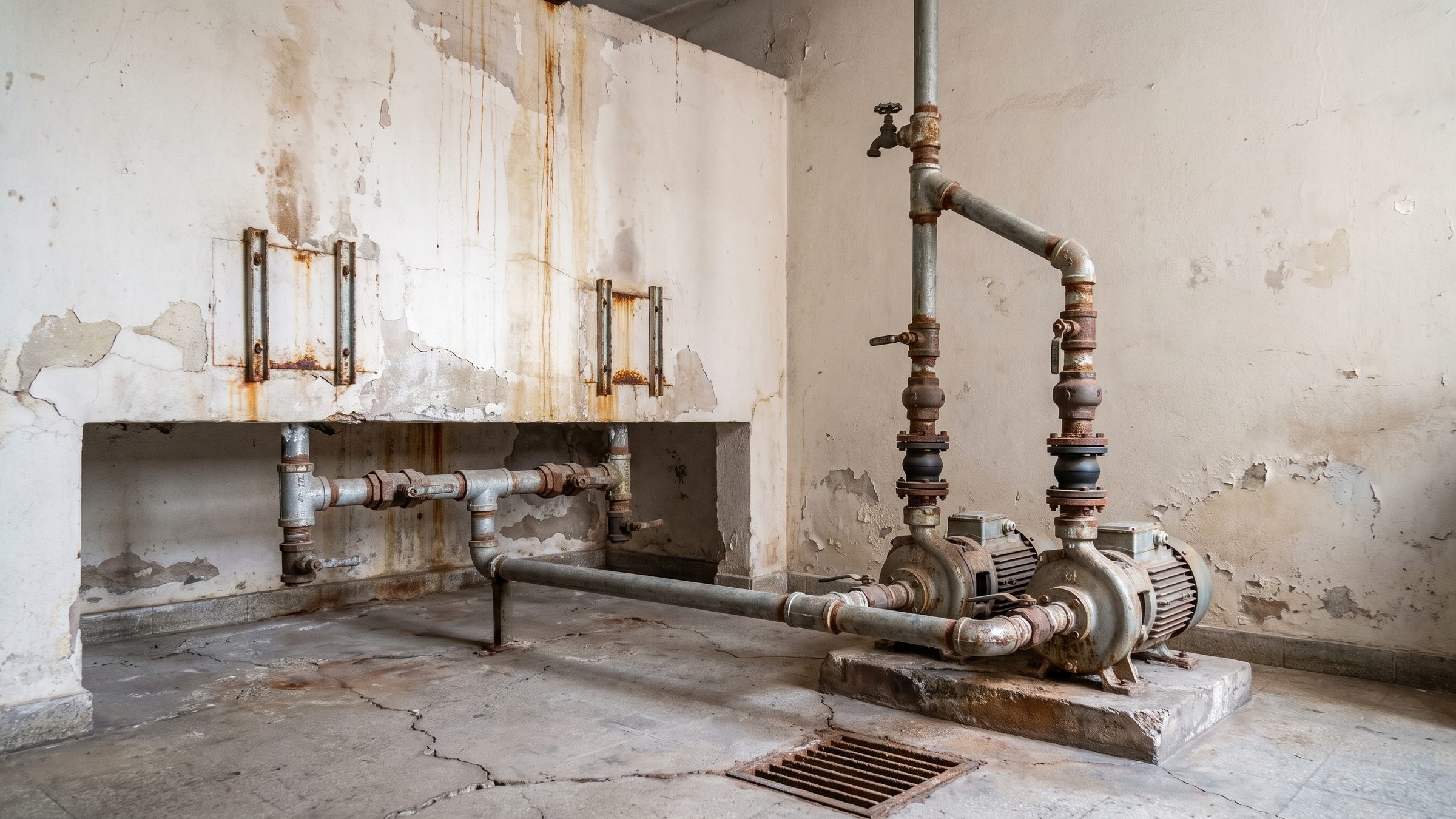 Sala de bombas de un edificio: dos bombas centrífugas y tanque hidroneumático