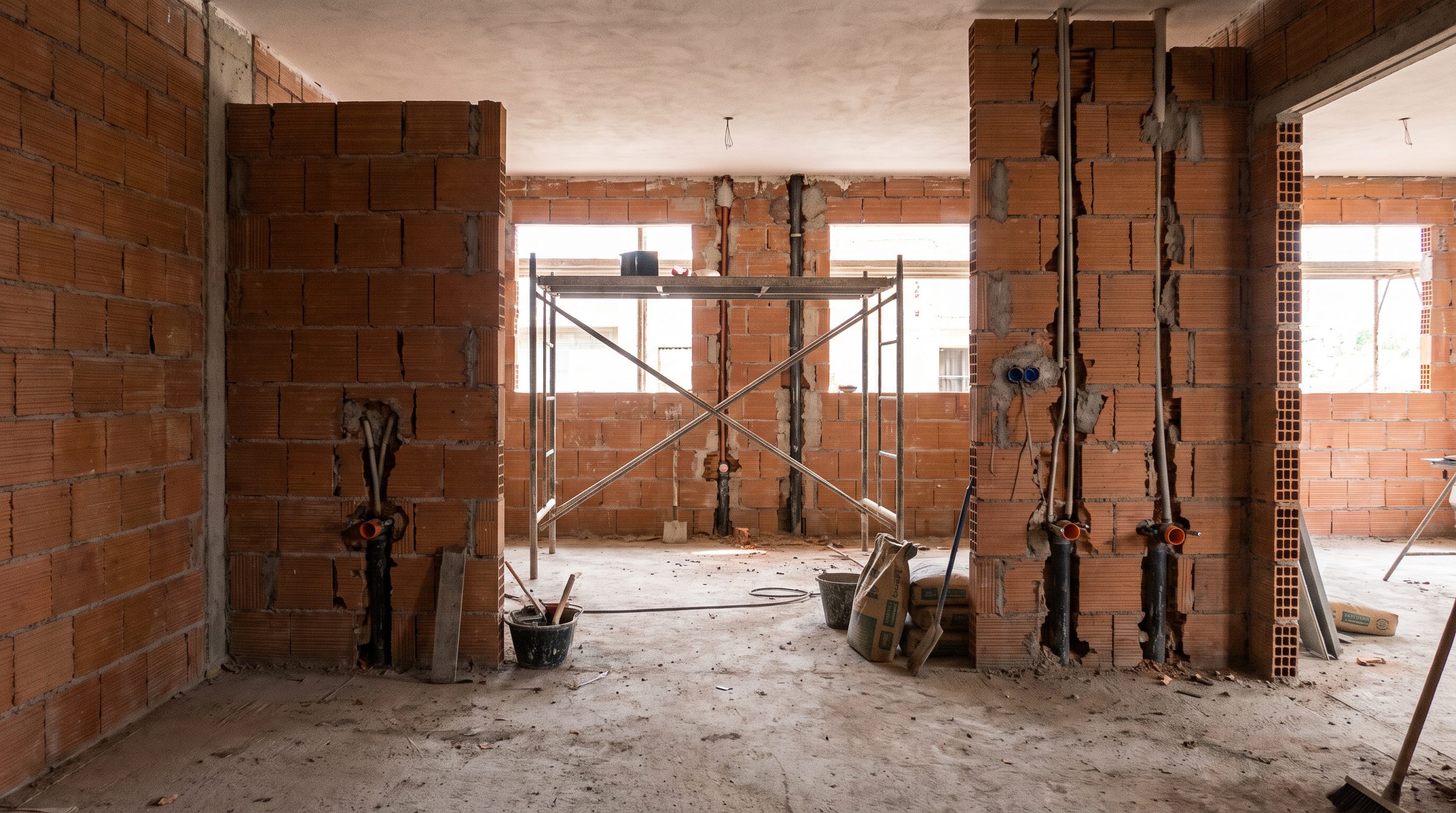 Obra en un edificio: armadura de hierro y cañerías antes del contrapiso